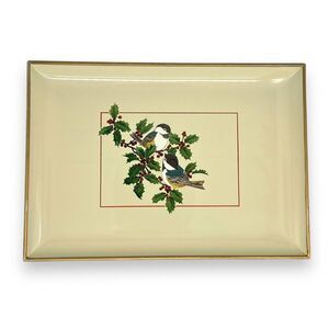 Vintage Otagiri Japan Lacquerware Tray Chickadees on Holly Christmas Bird 8.5x6”